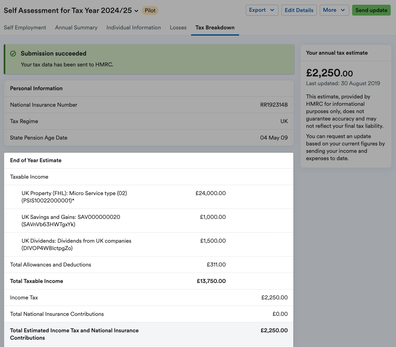 End of Year Estimate section of the tax breakdown highlighted.