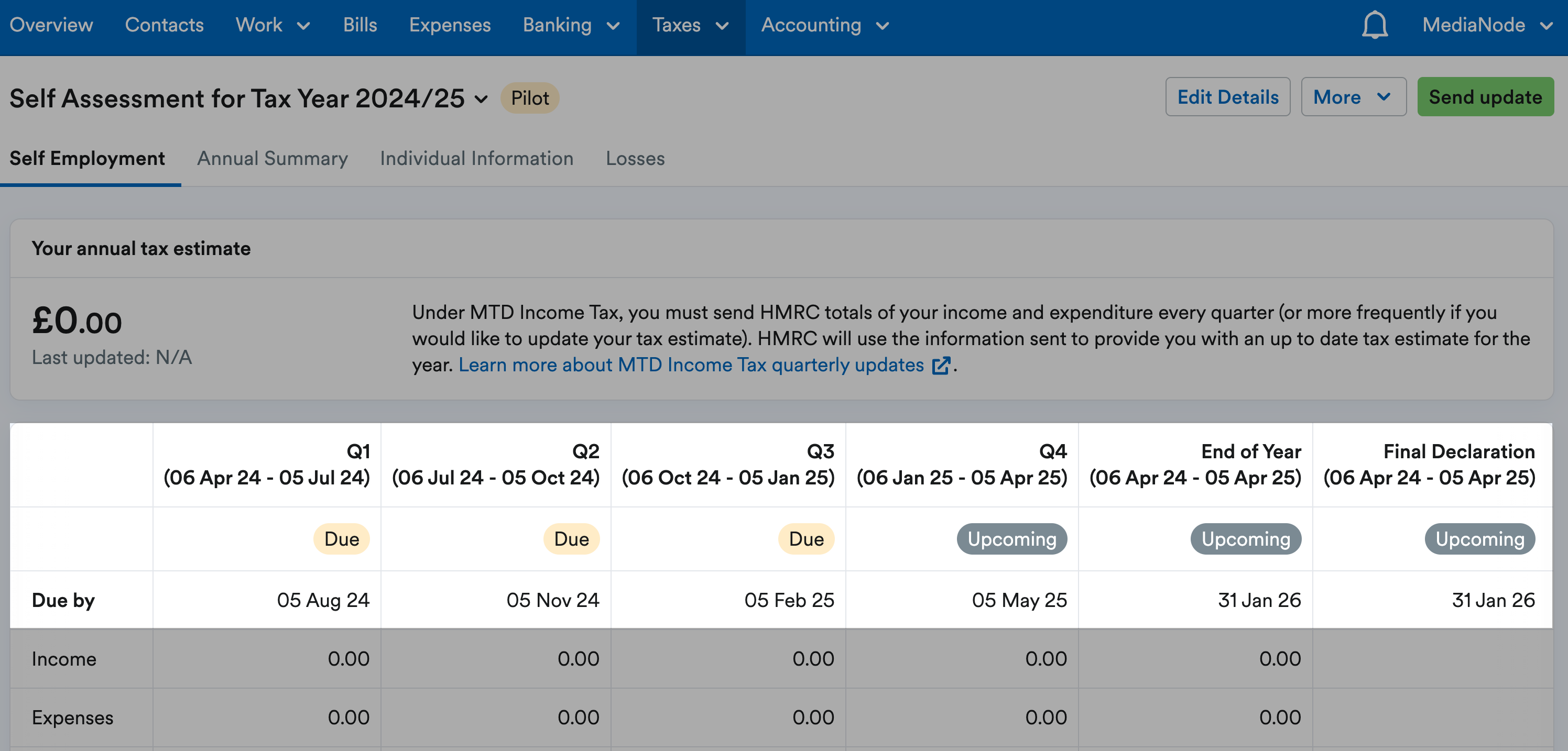 Dues by dates highlighted for each quarter, End of Year, and Final Declaration.
