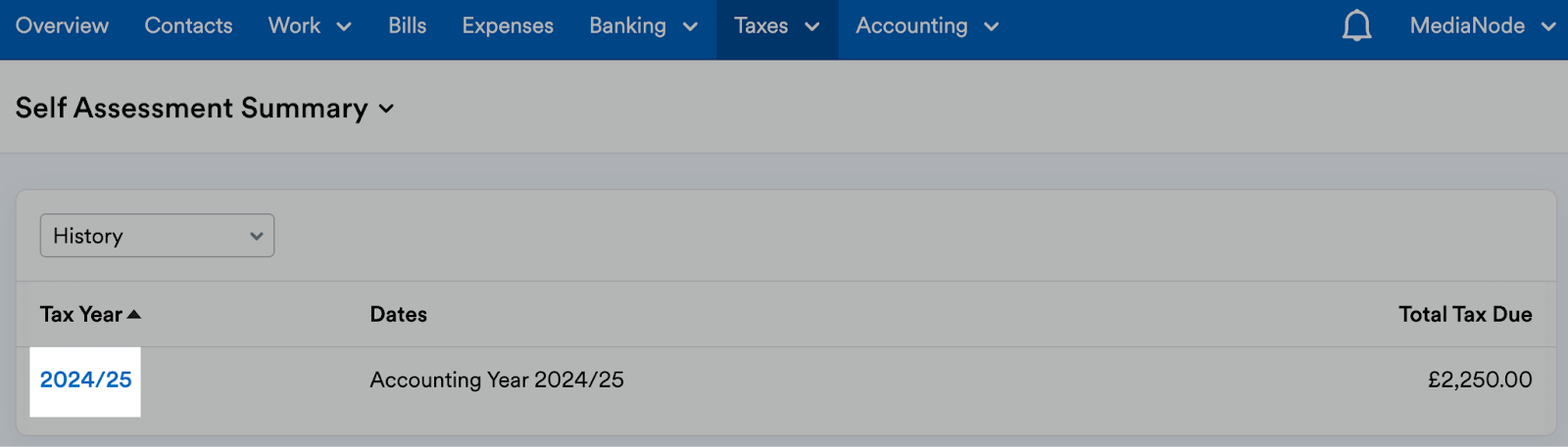 Tax year column highlighted on Self Assessment Summary page.