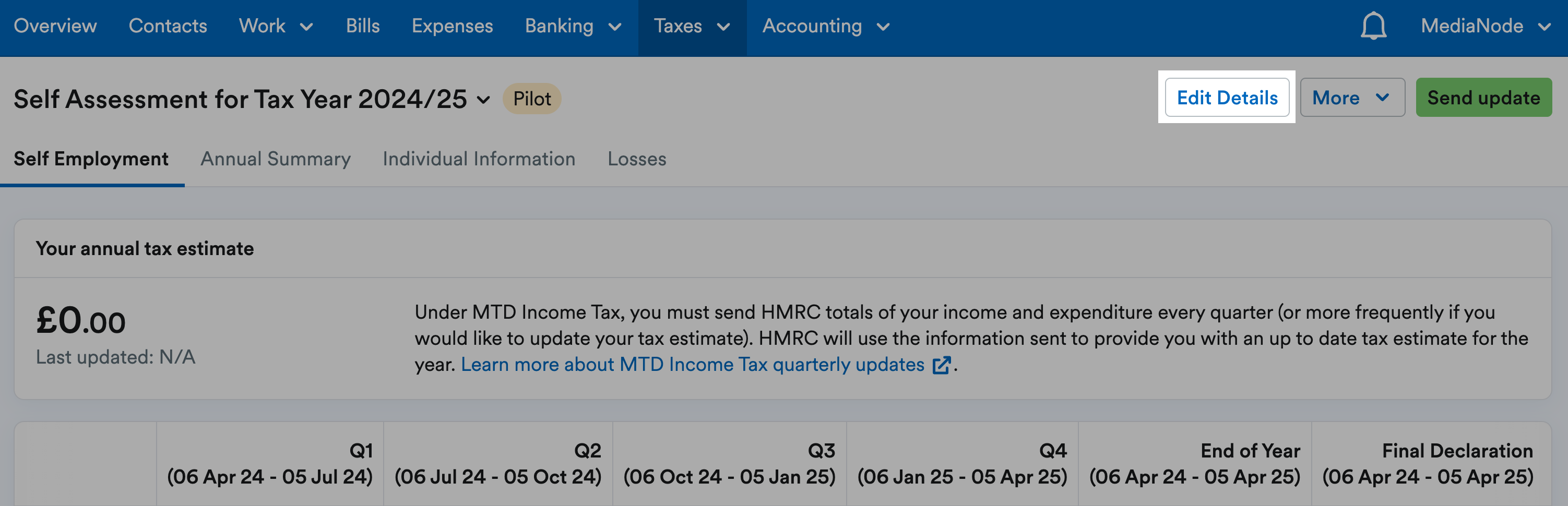 'Edit Details' button highlighted at top-right of Self Employment page.