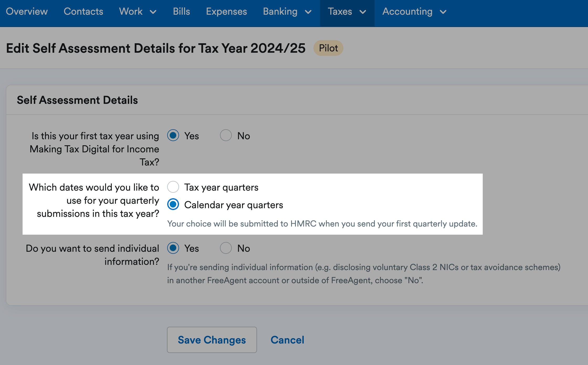 Tax year quarter, or calendar year quarter toggle highlighted in Self Assessment Details section.