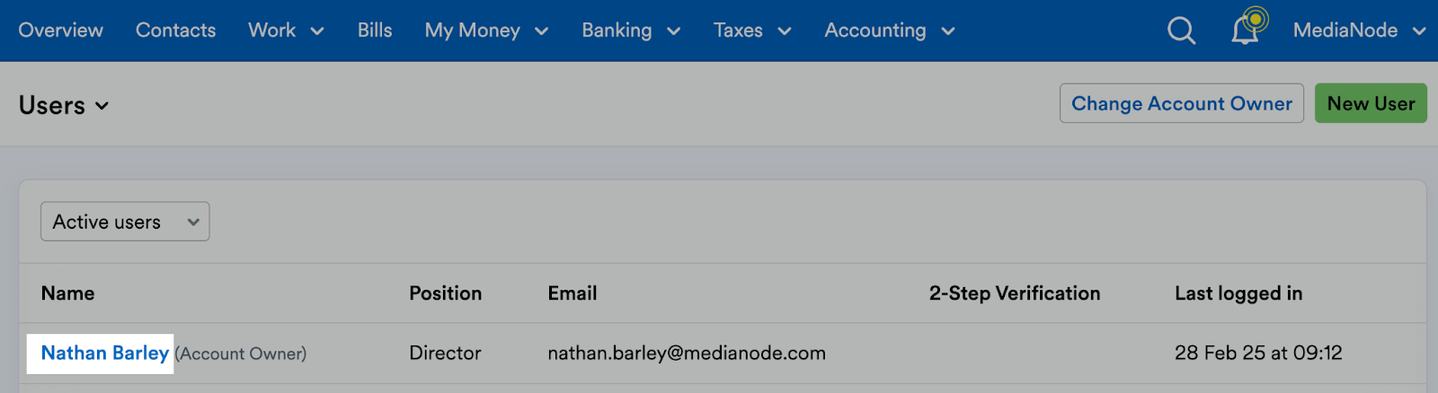 Users area with a user name highlighted.