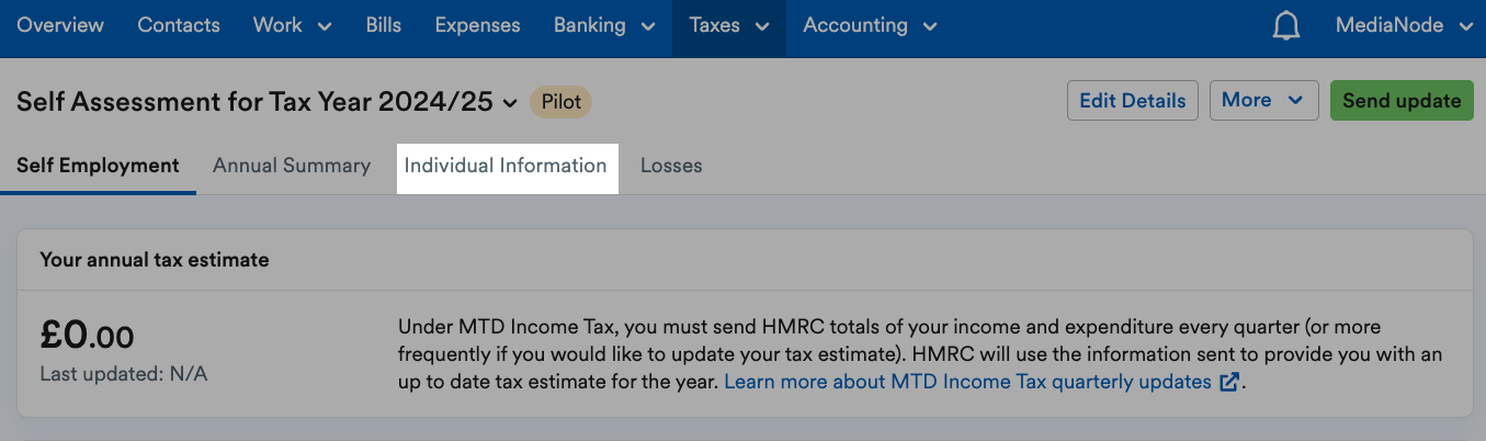 Individual Information tab highlighted on Self Assessment screen.