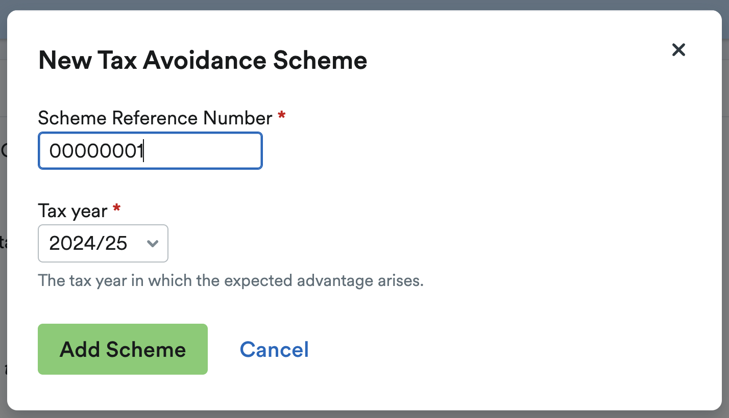 Pop up window to enter details of the tax avoidance scheme.