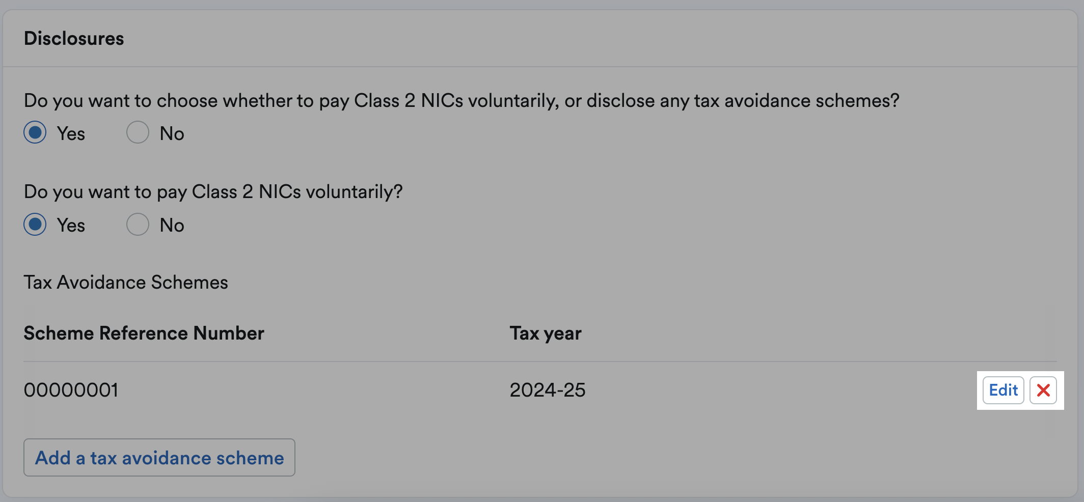 'Edit' and red cross  ('x') buttons highlighted next to a listed tax avoidance scheme.