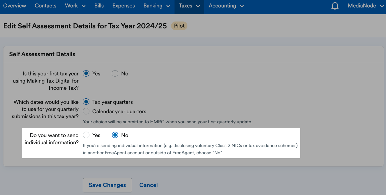 Self Assessment details section with option to send individual information to HMRC set to no and highlighted.