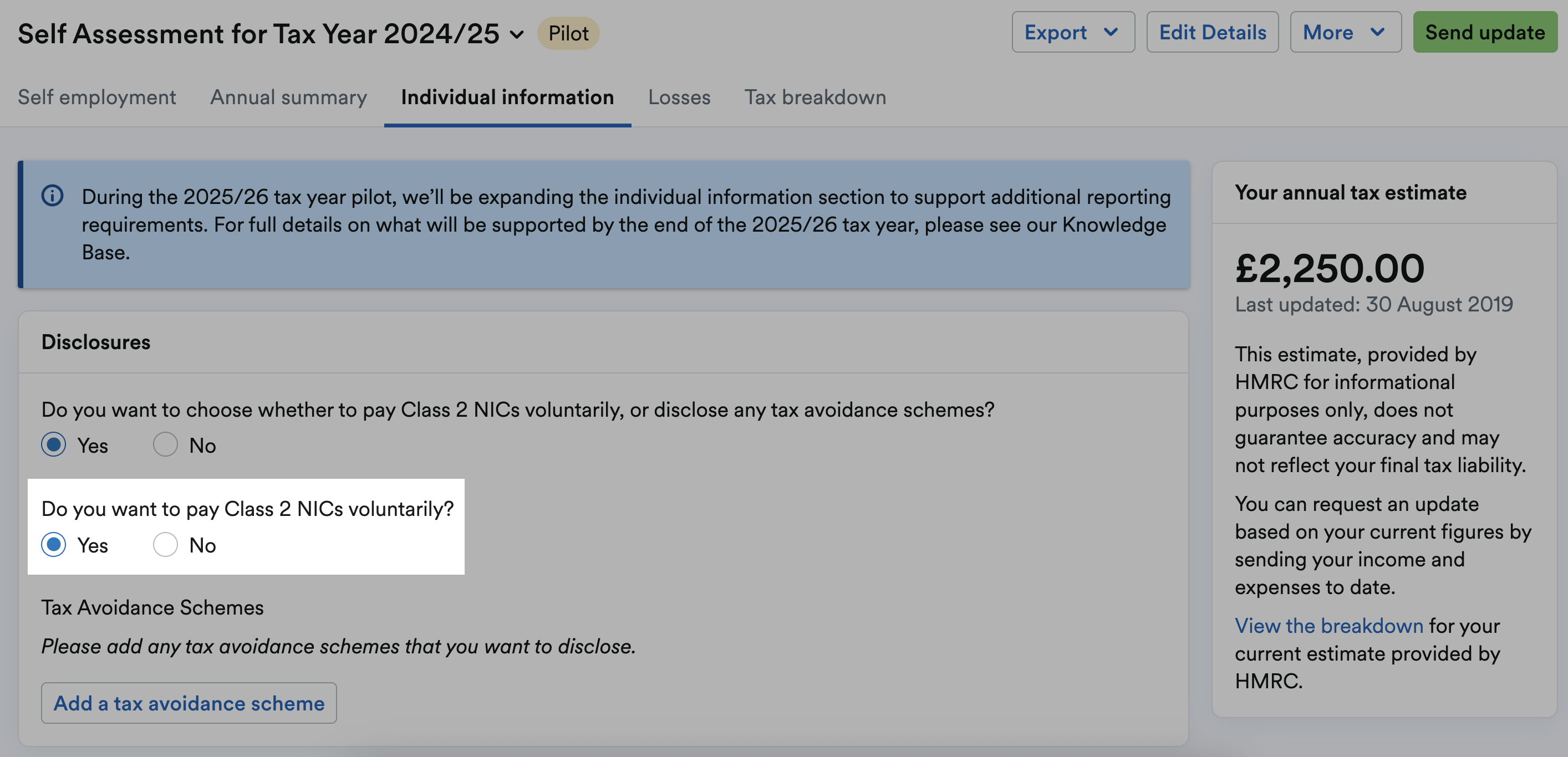 Option to choose whether or not to pay class 2 NICs voluntarily highlighted on disclosures section on Individual information page.
