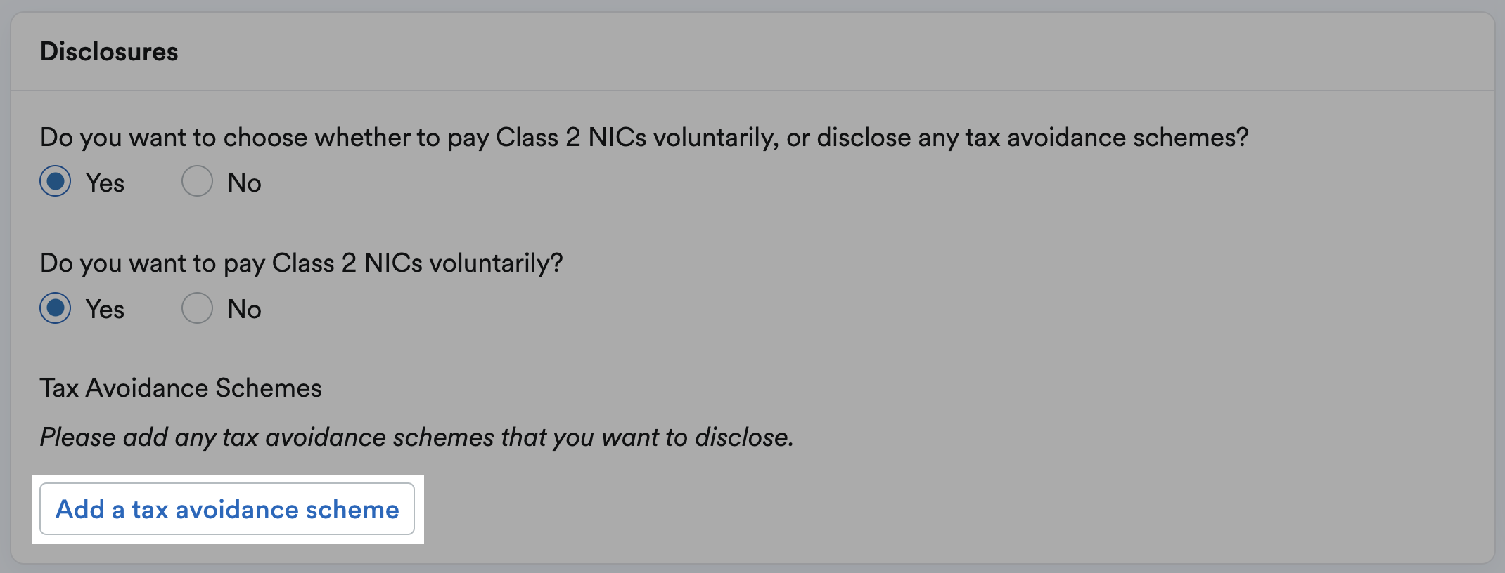 Button to 'Add a tax avoidance scheme' highlighted in the disclosures section of individual information page.