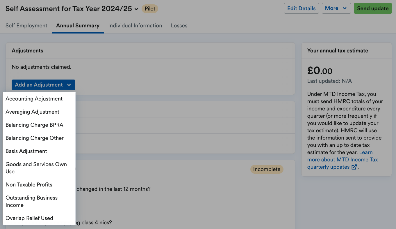 Adjustment types listed on 'Add an Adjustment' drop down menu.