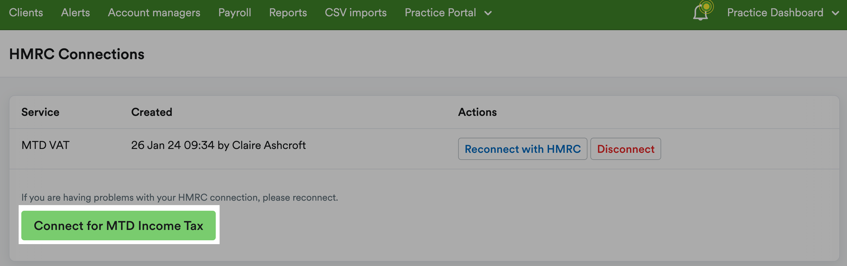 HMRC Connections page with Connect for MTD Income tax button highlighted