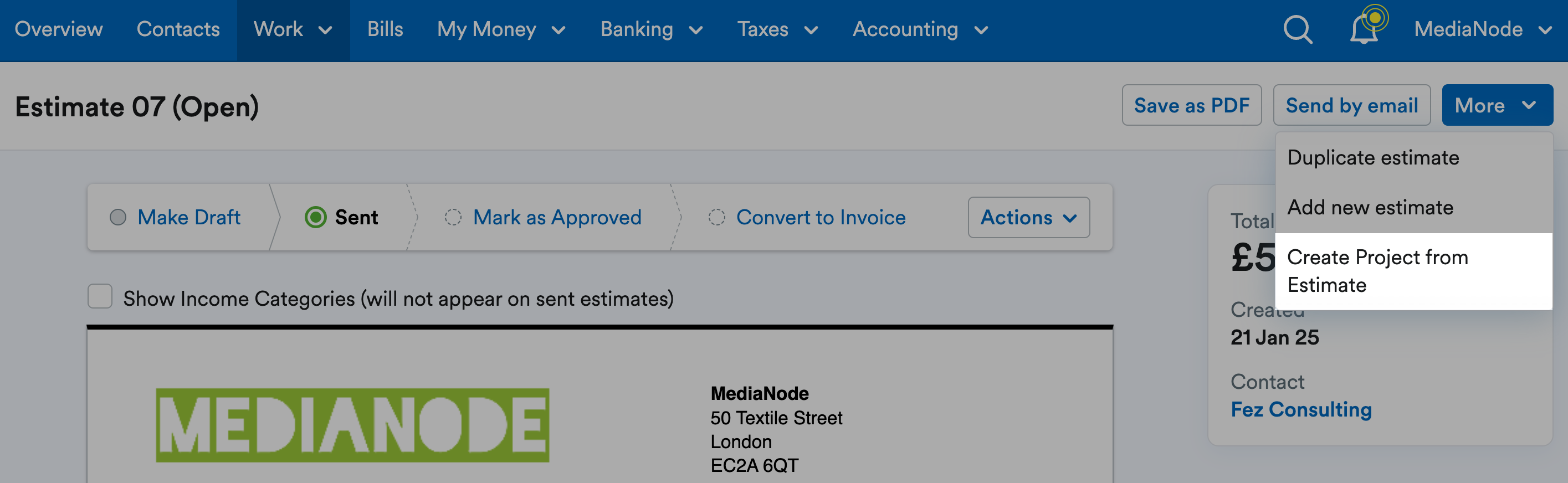 Example estimate with 'Create Project from Estimate' highlighted