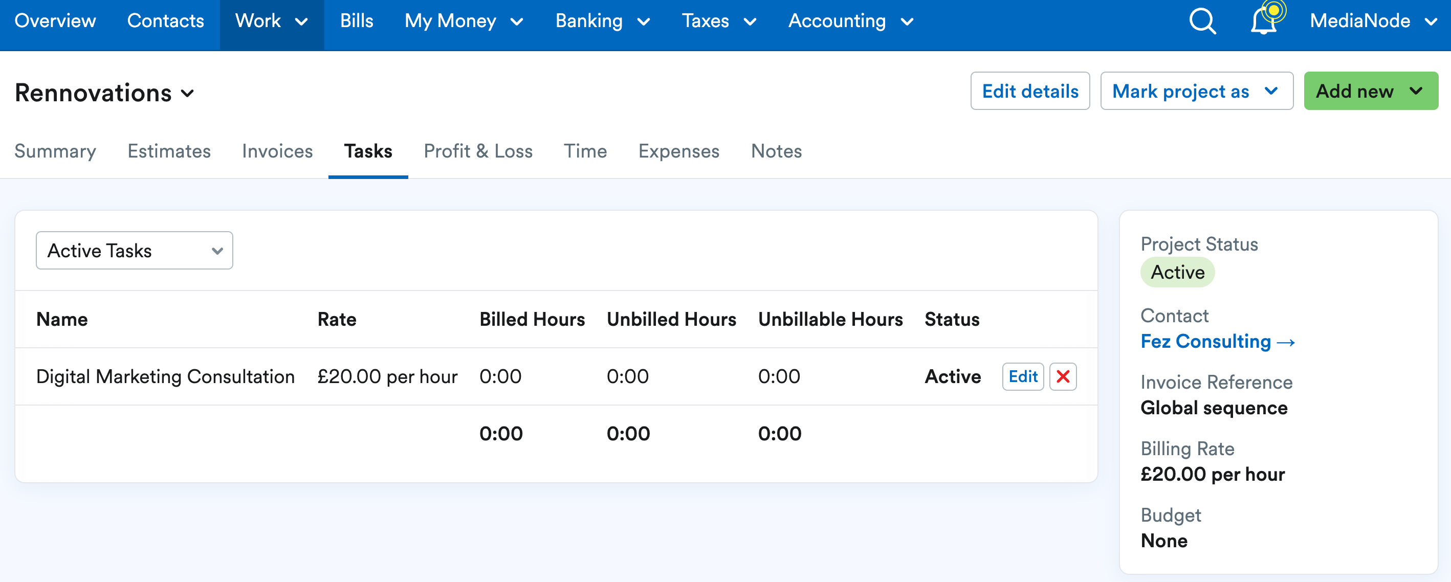 Tasks tab of the newly created project with estimate details showing as tasks