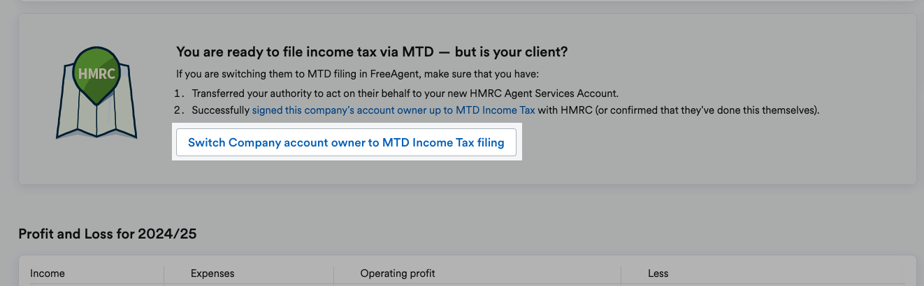 Button to switch client's account to MTD for income tax filing