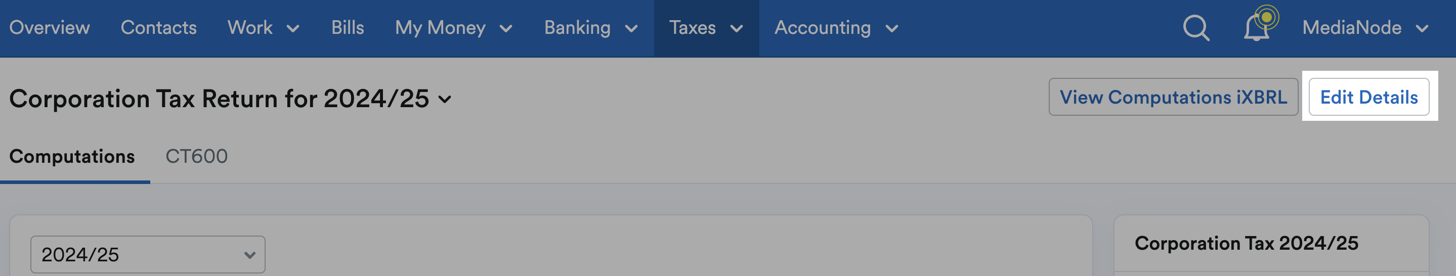 Edit Details button highlighted at the top-right of a Corporation Tax return