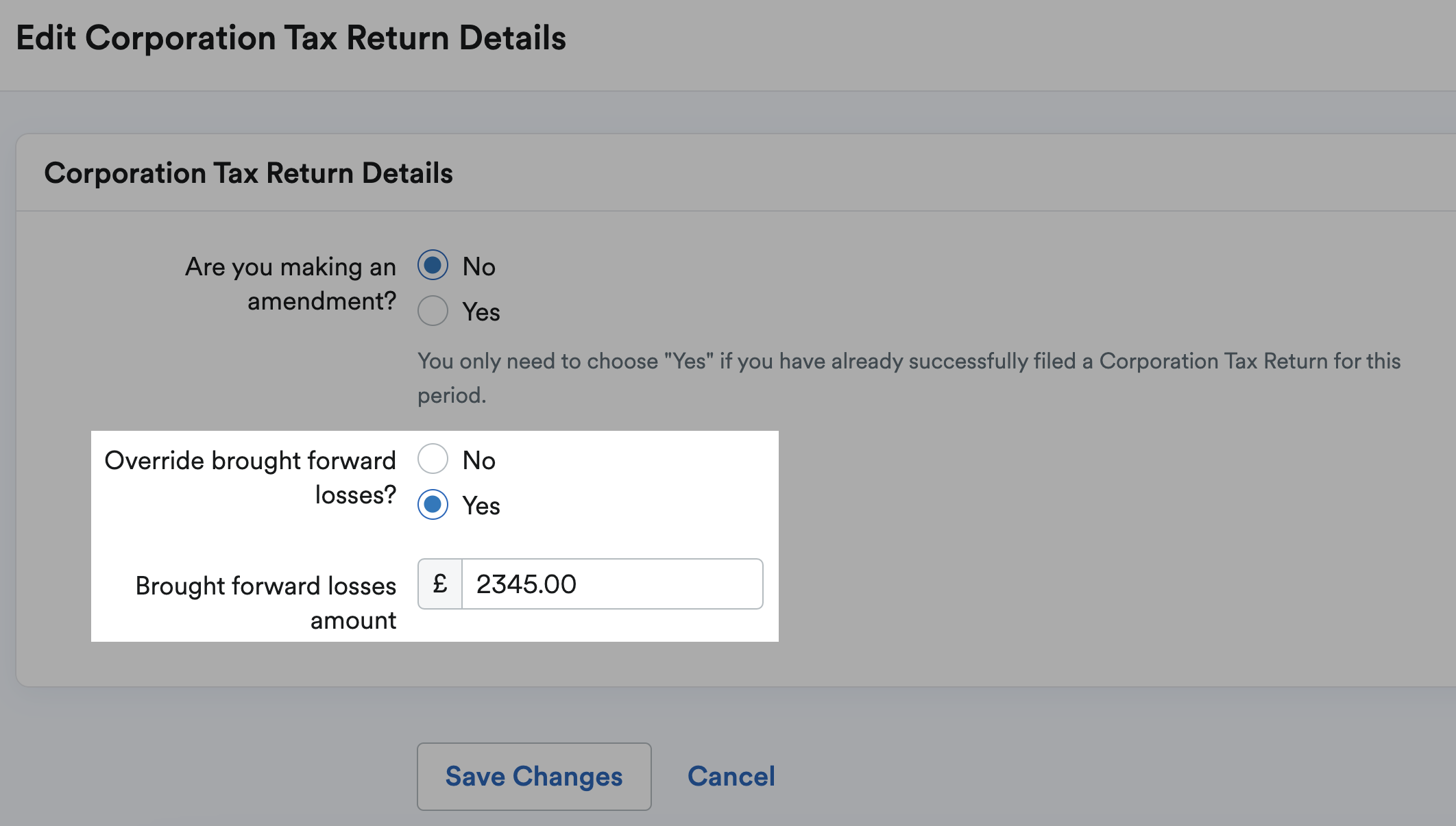 Option to override brought forward losses on Corporation Tax return