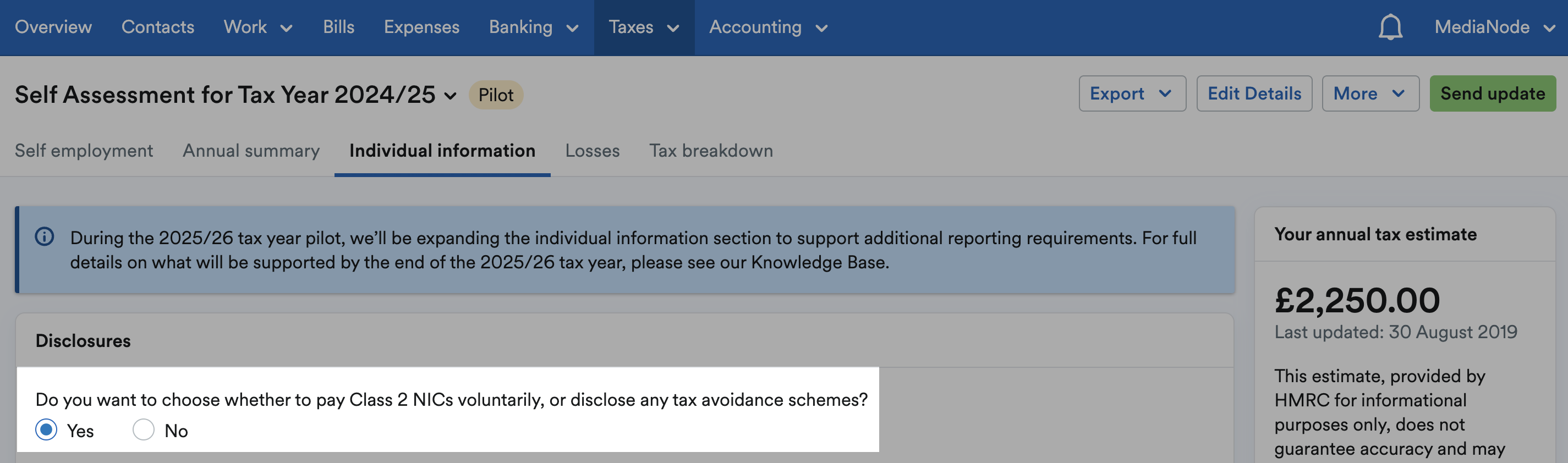 Option to choose whether or not to pay class 2 NICs voluntarily highlighted on disclosures section on Individual information page.