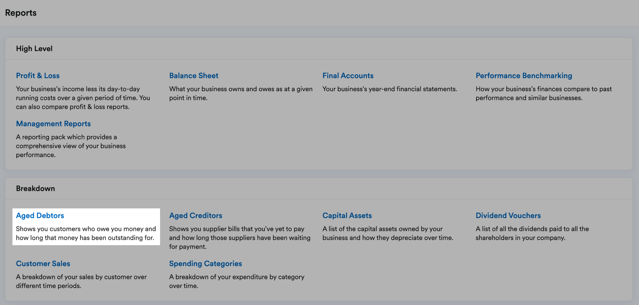 'Aged Debtors' highlighted in the Breakdown area of the Reports page.