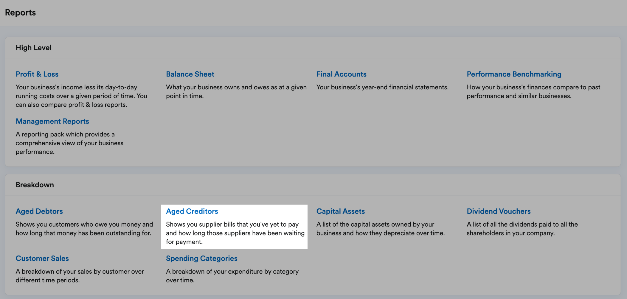 'Aged Creditors' highlighted in the Breakdown section of the Reports page.
