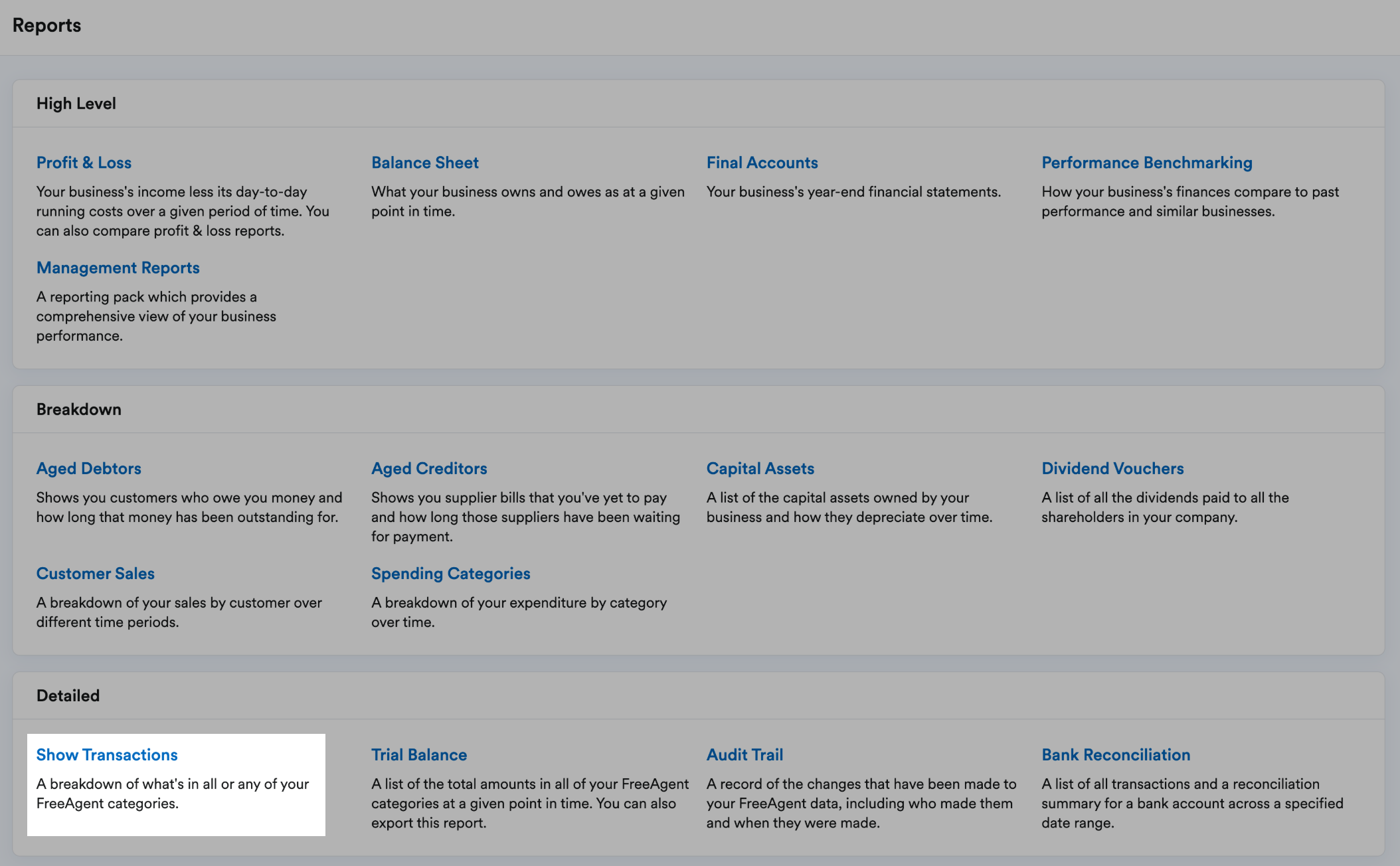 Show Transactions highlighted on reports page in the detailed section.