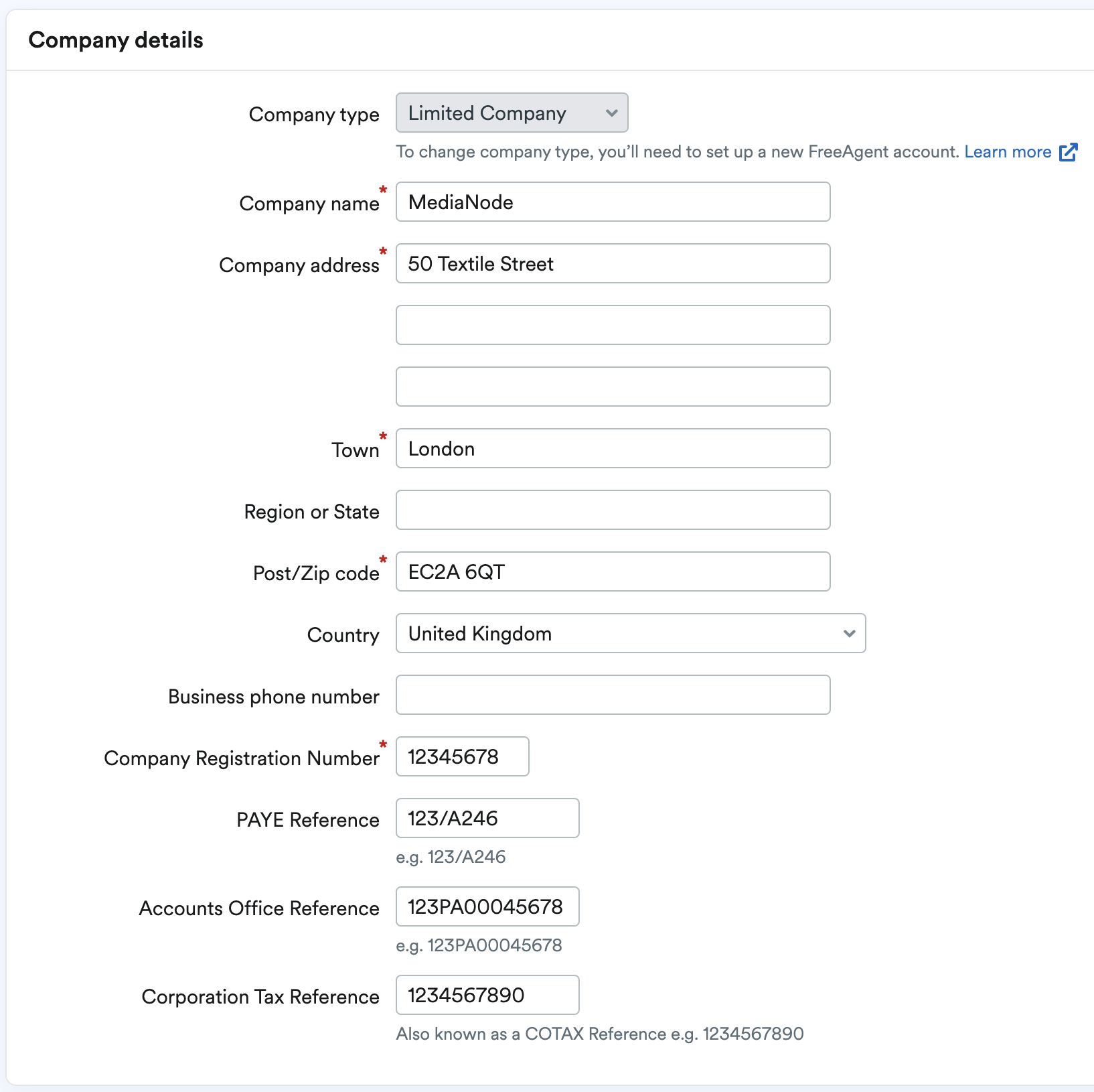 Company details sections