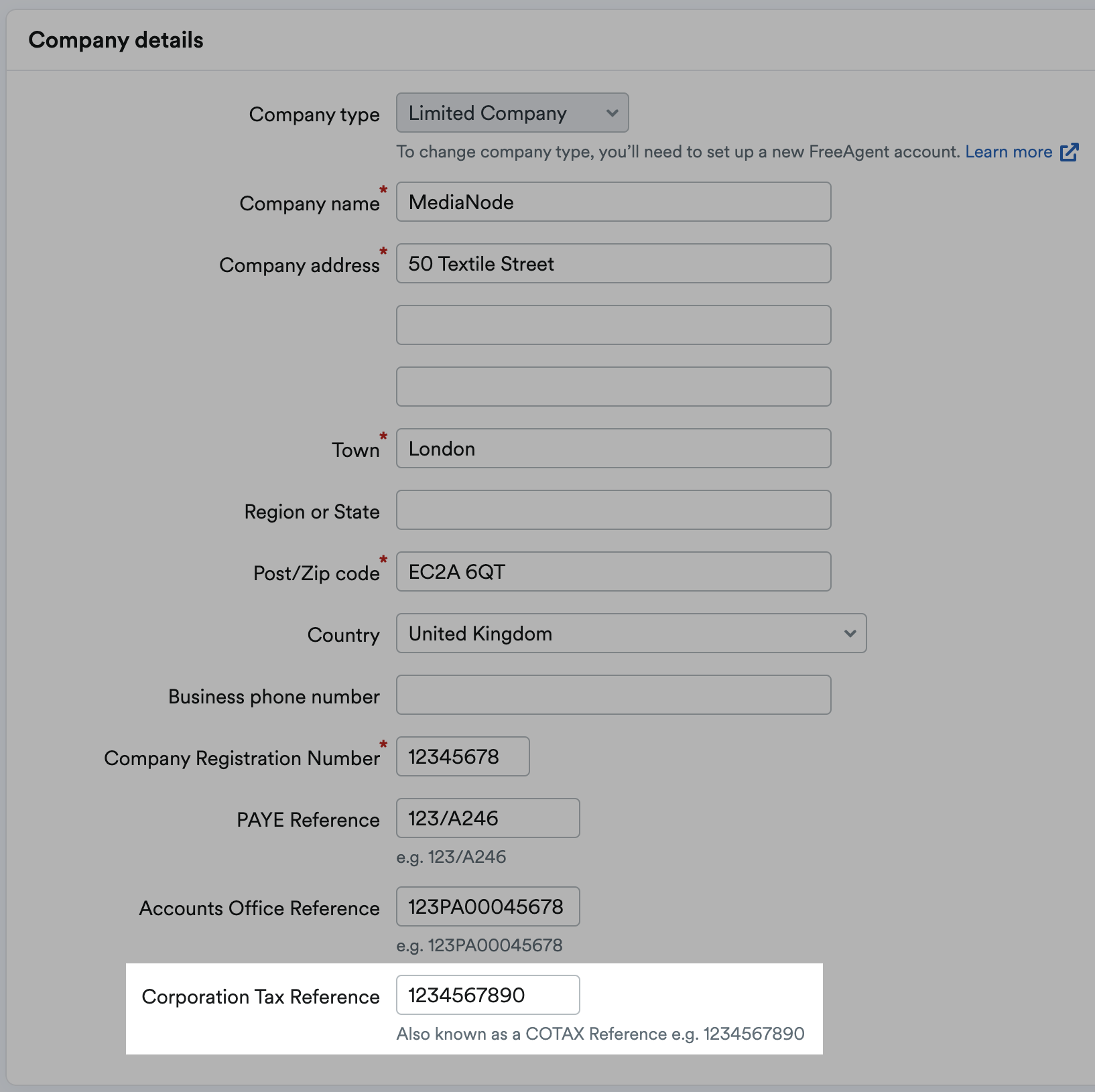Corporation Tax reference field highlighted in Company details section
