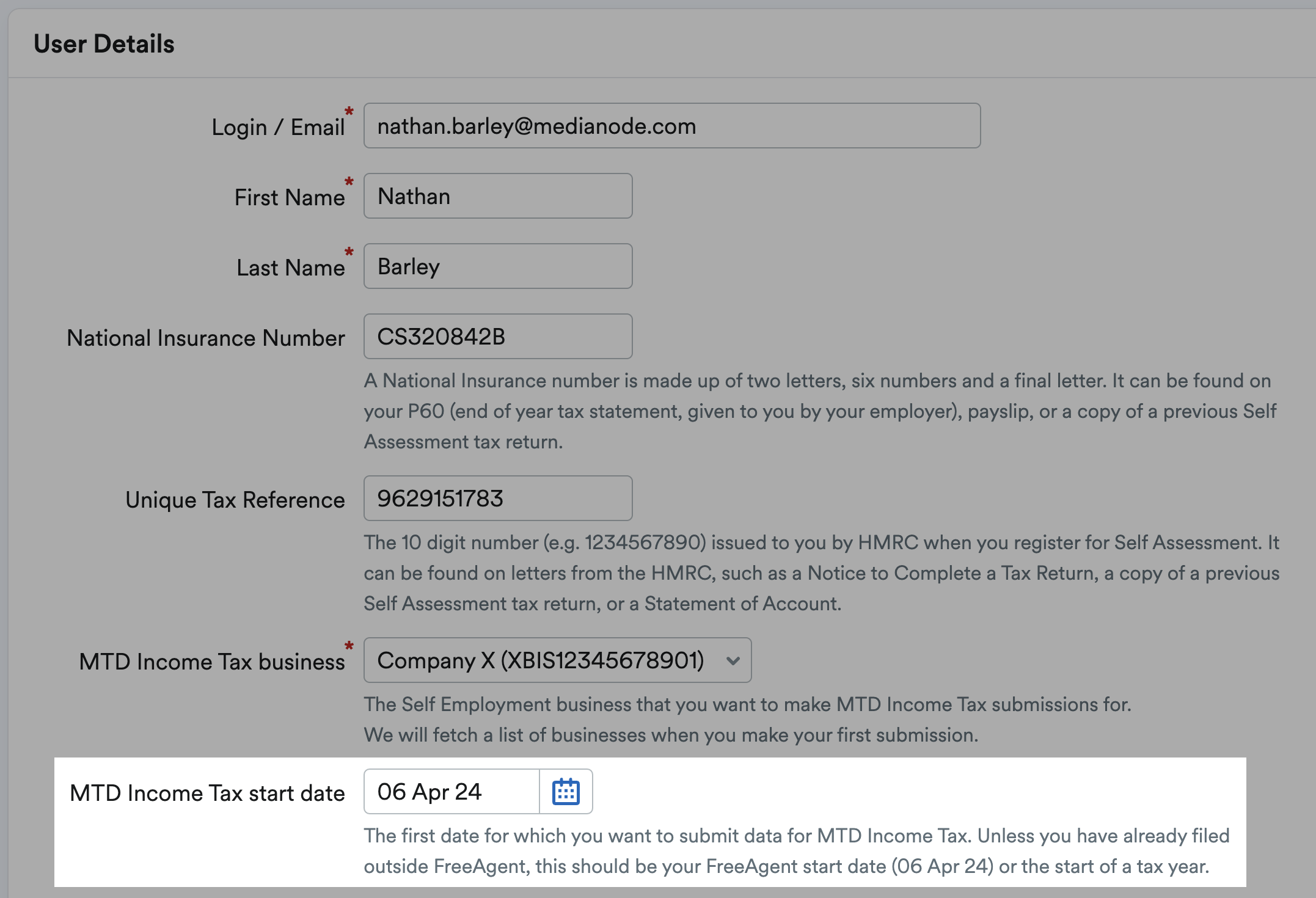 'MTD Income Tax start date' field highlighted in User Details section.