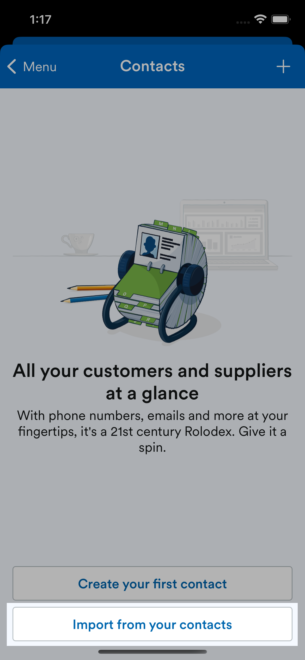 'Import from your contacts' button highlighted on Contacts screen.