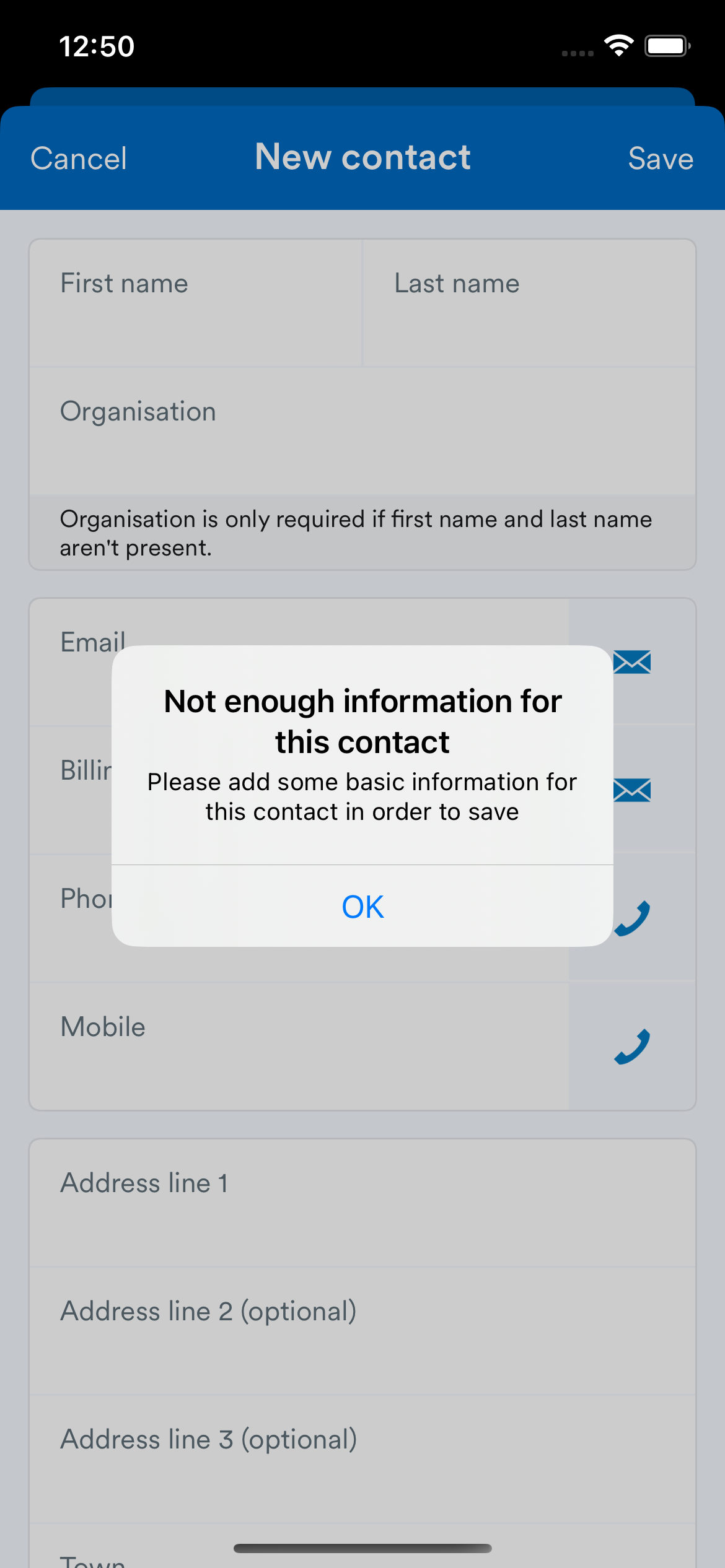 Error message saying there is not enough information for this contact.