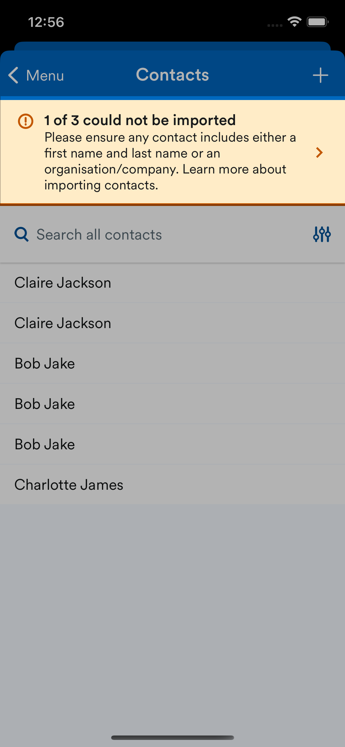 Pop up message saying that some contacts could not be imported.