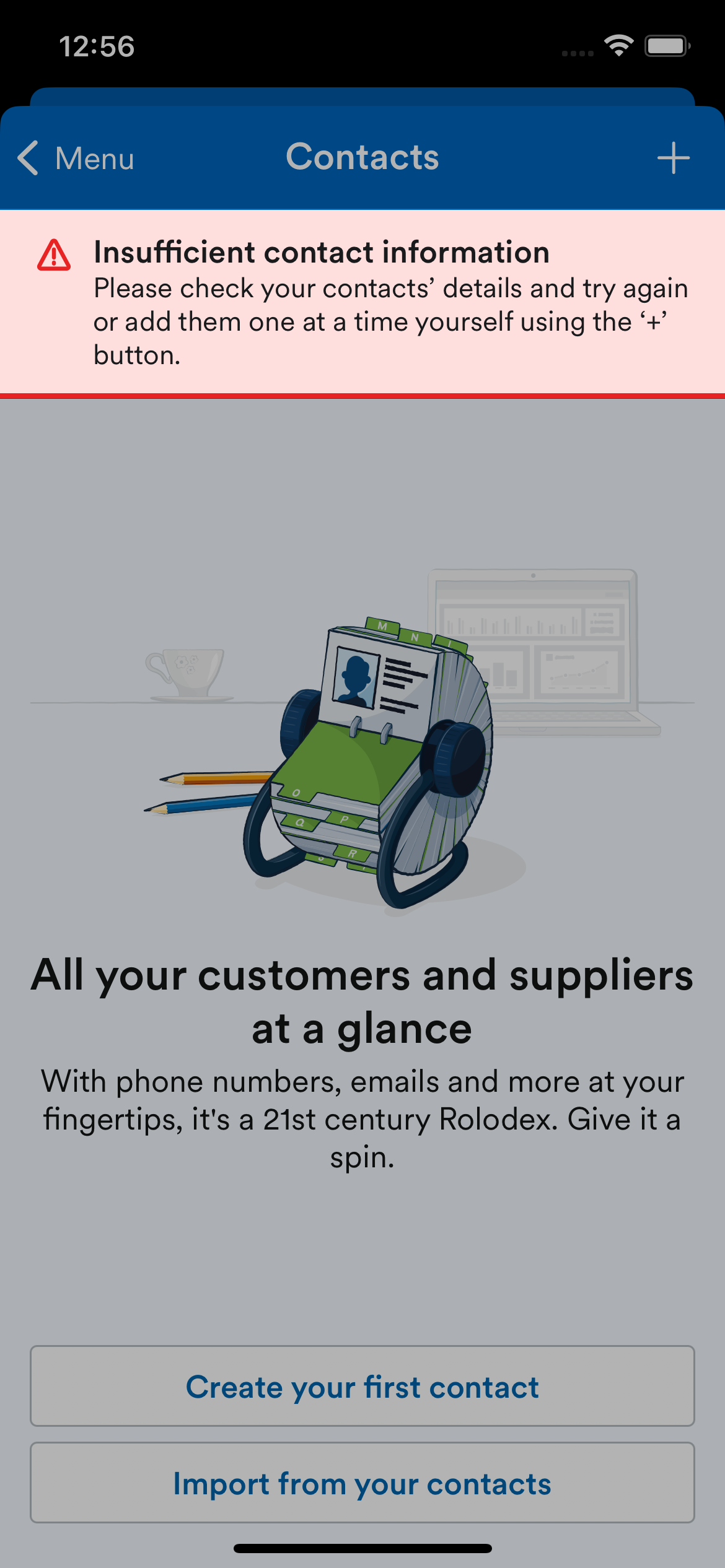 Pop up message saying import was unsuccessful due to insufficient contact information.