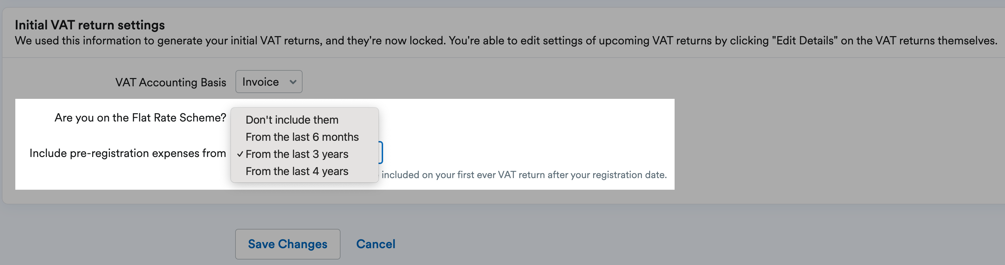 Option to select which pre-registration expenses to include at the bottom of VAT Registration Settings page