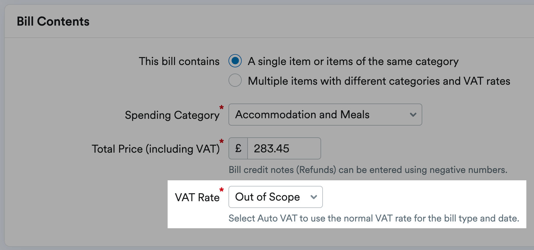 Out of Scope selected as the VAT rate