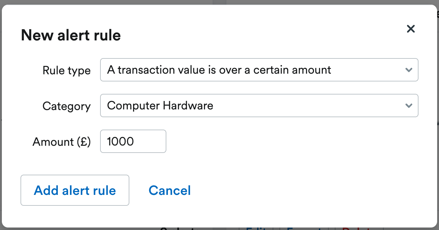 Example of an alert rule being created for transaction value over £1000 being allocated to computer hardware in a clients account