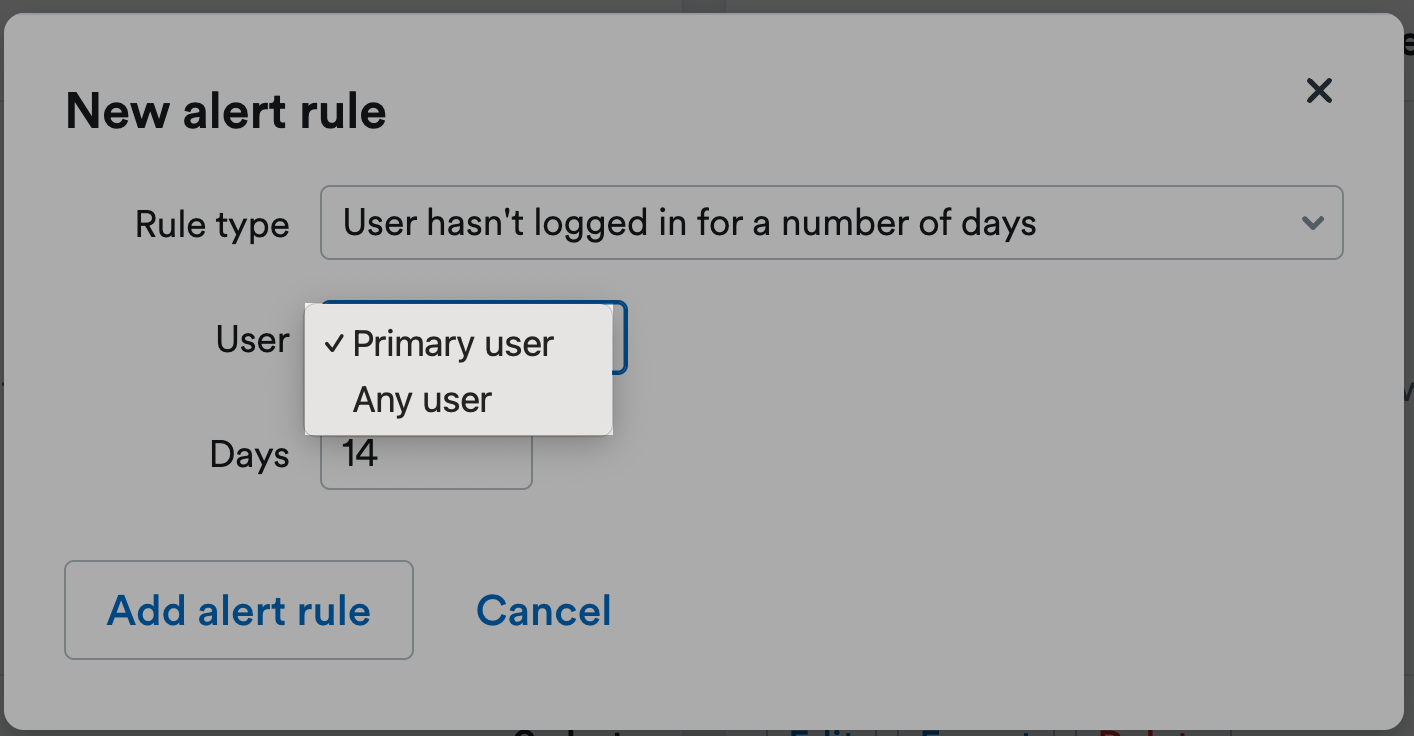 Example of an alert rule being created for the primary user having not logged in for over 14 days