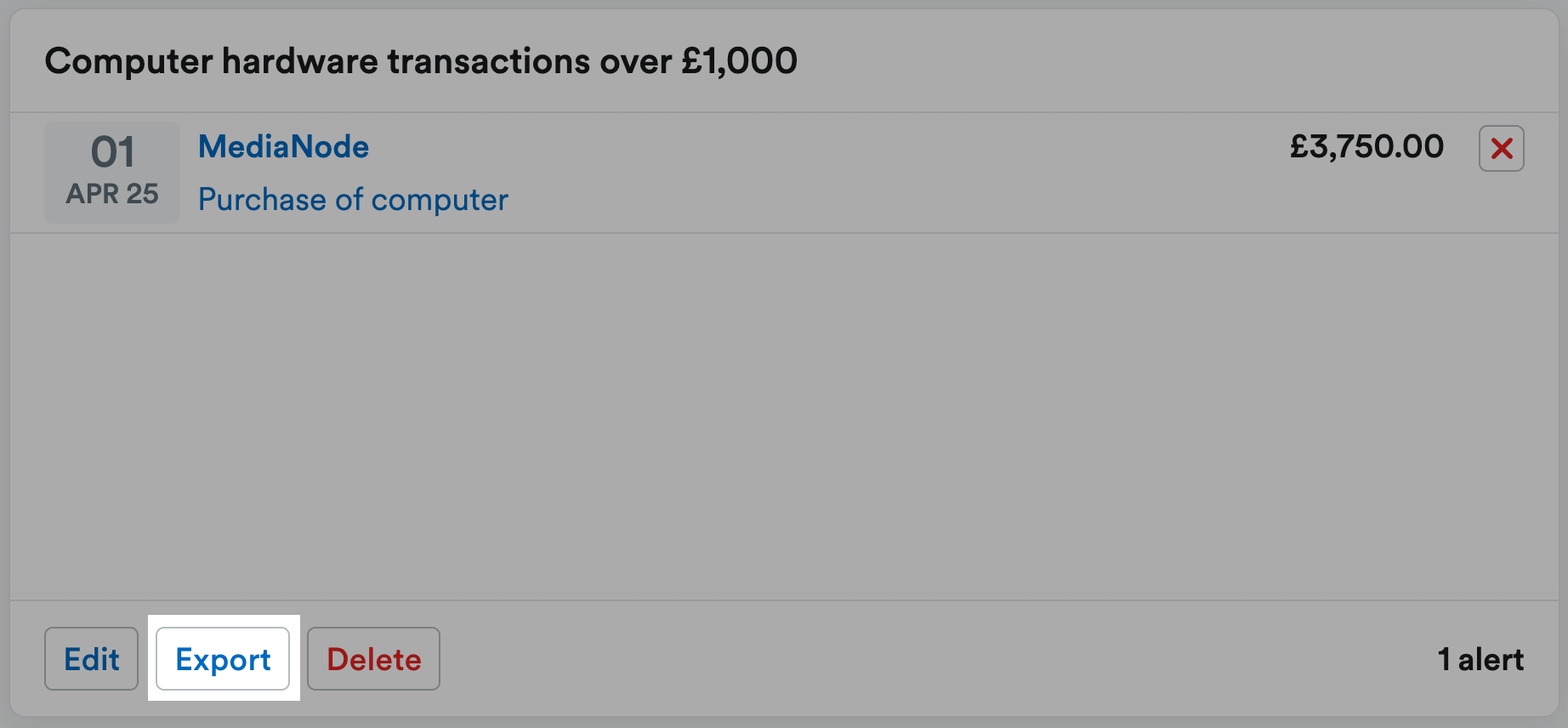 Export button highlighted for an alert