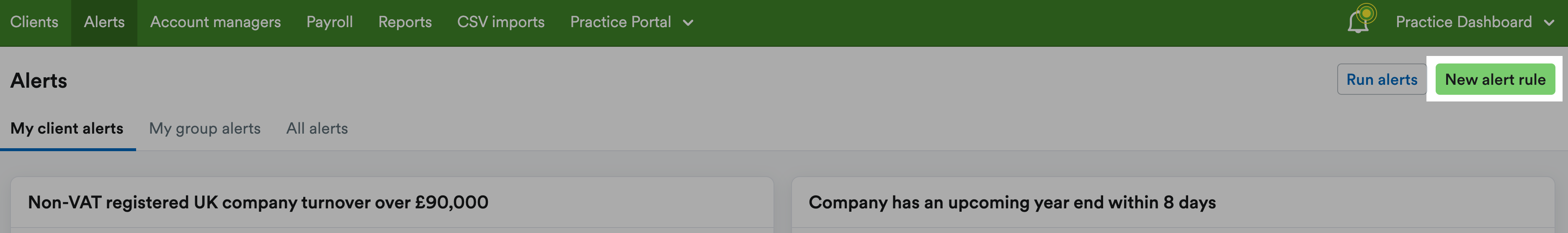 New alert rule button highlighted in top-right corner of Alerts screen