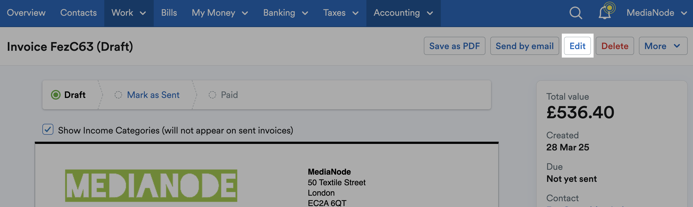 Invoice with edit button highlighted