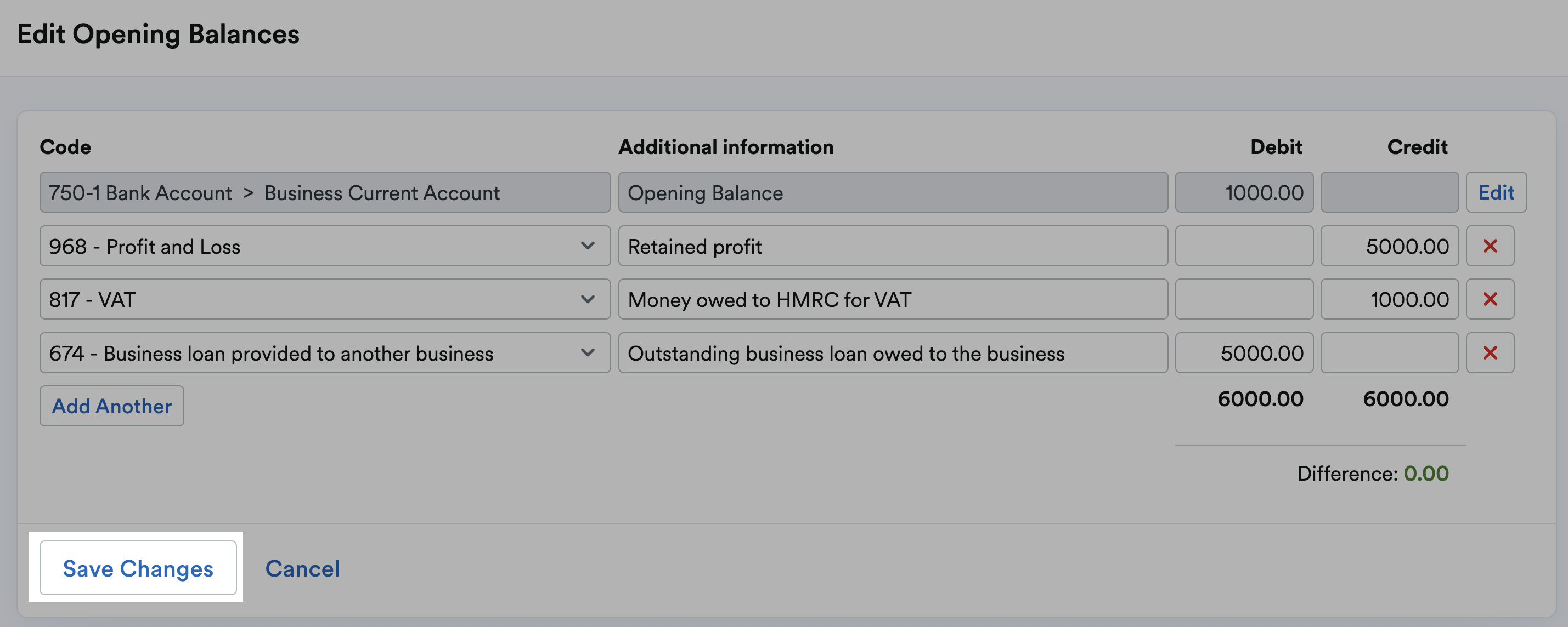 ‘Save Changes’ button highlighted at bottom of Edit Opening Balances page.