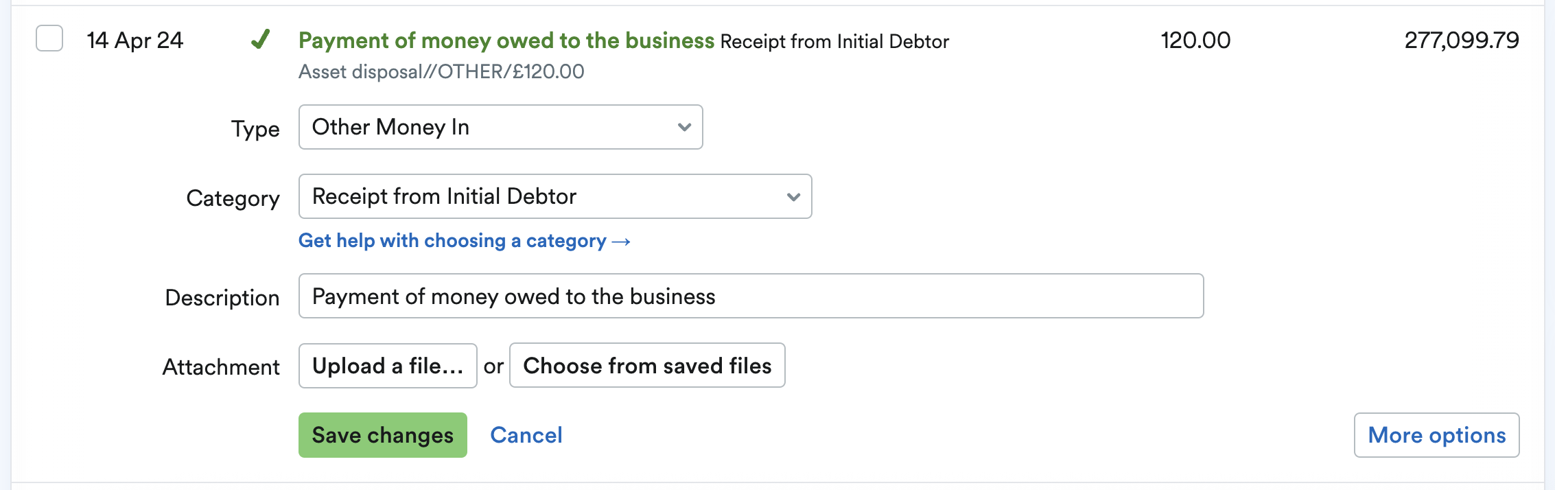 Bank transaction being explained as a receipt from initial debtor