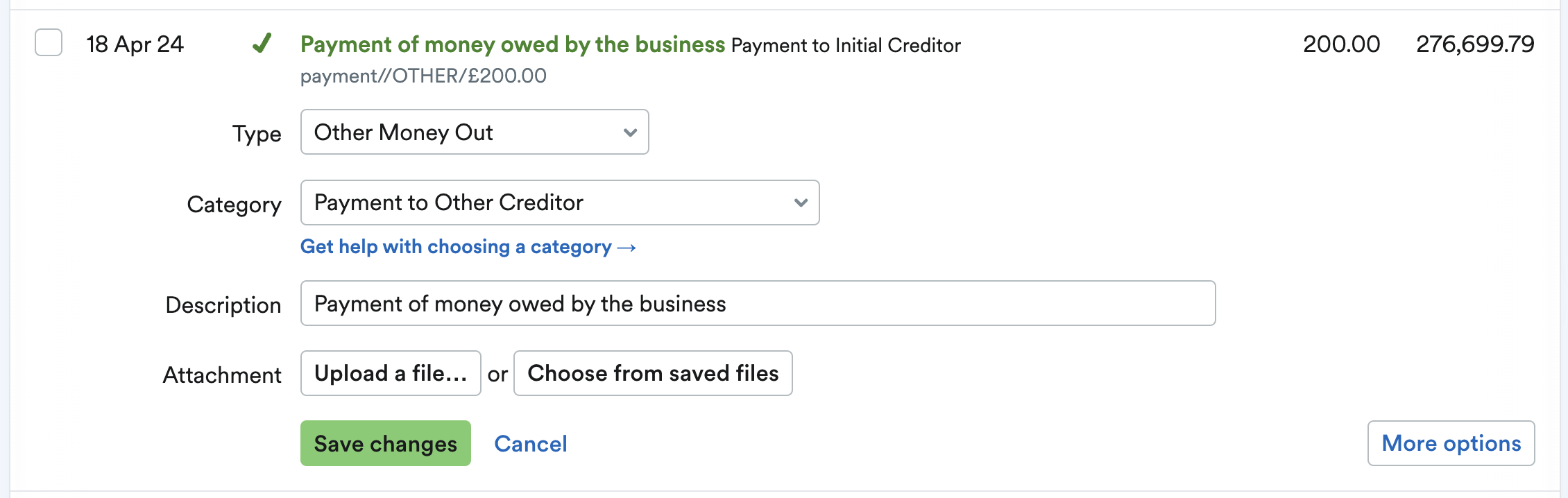 transaction being explained as a payment to other creditor