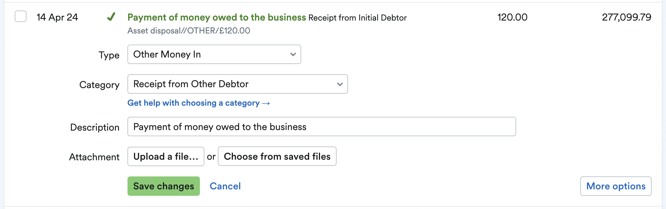 transaction being explained as a receipt from other debtor