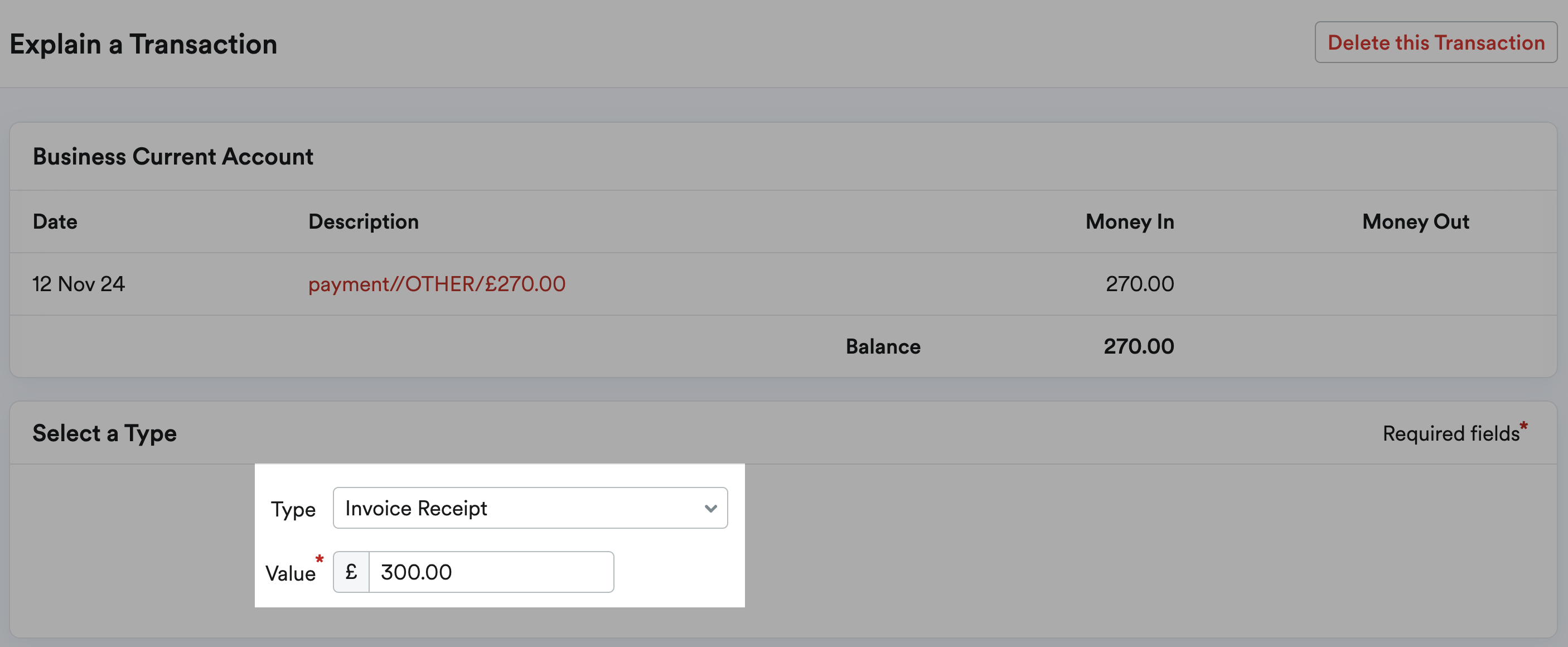 Explain a transaction screen with type and value boxes highlighted