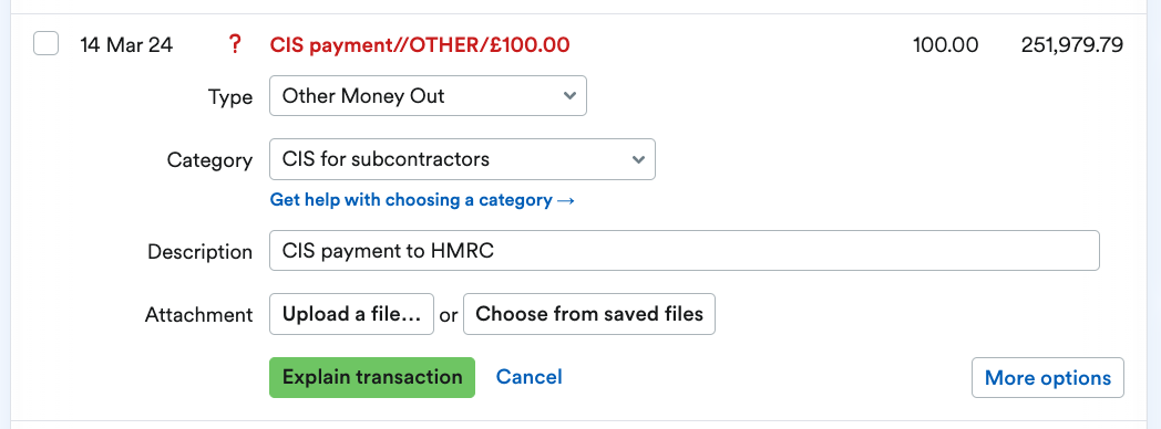 Bank transactions being explained as a CIS payment to HMRC