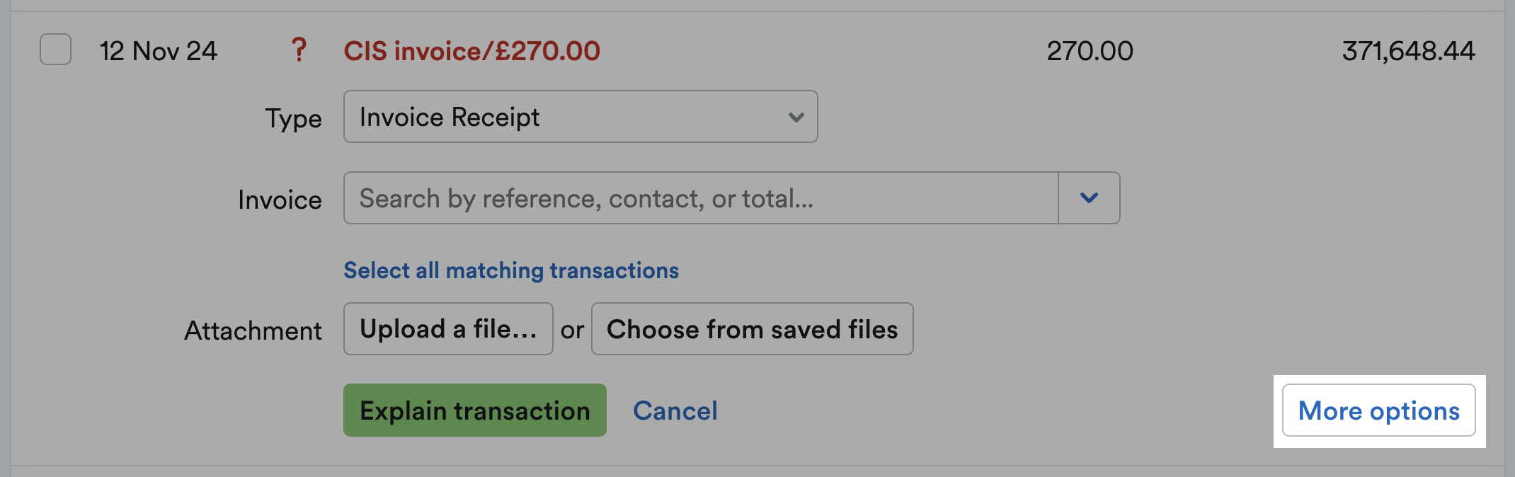 Bank transaction with More options button highlighted