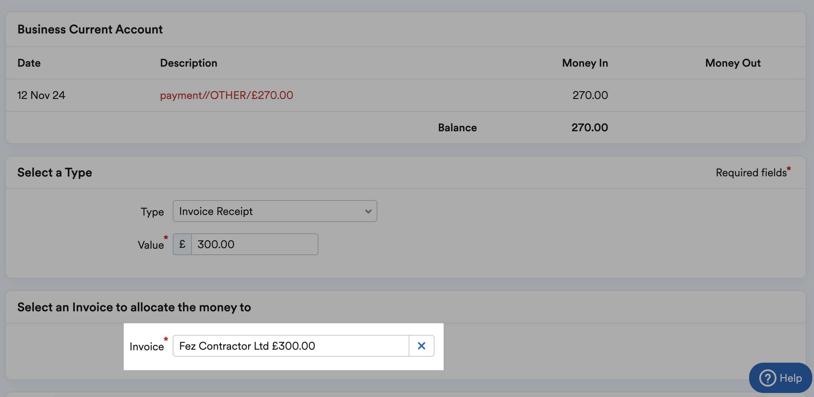 selected invoice from invoice drop-down menu highlighted