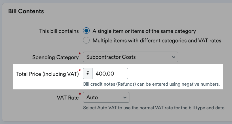 Total Price field highlighted in the bill contents section of new bill form