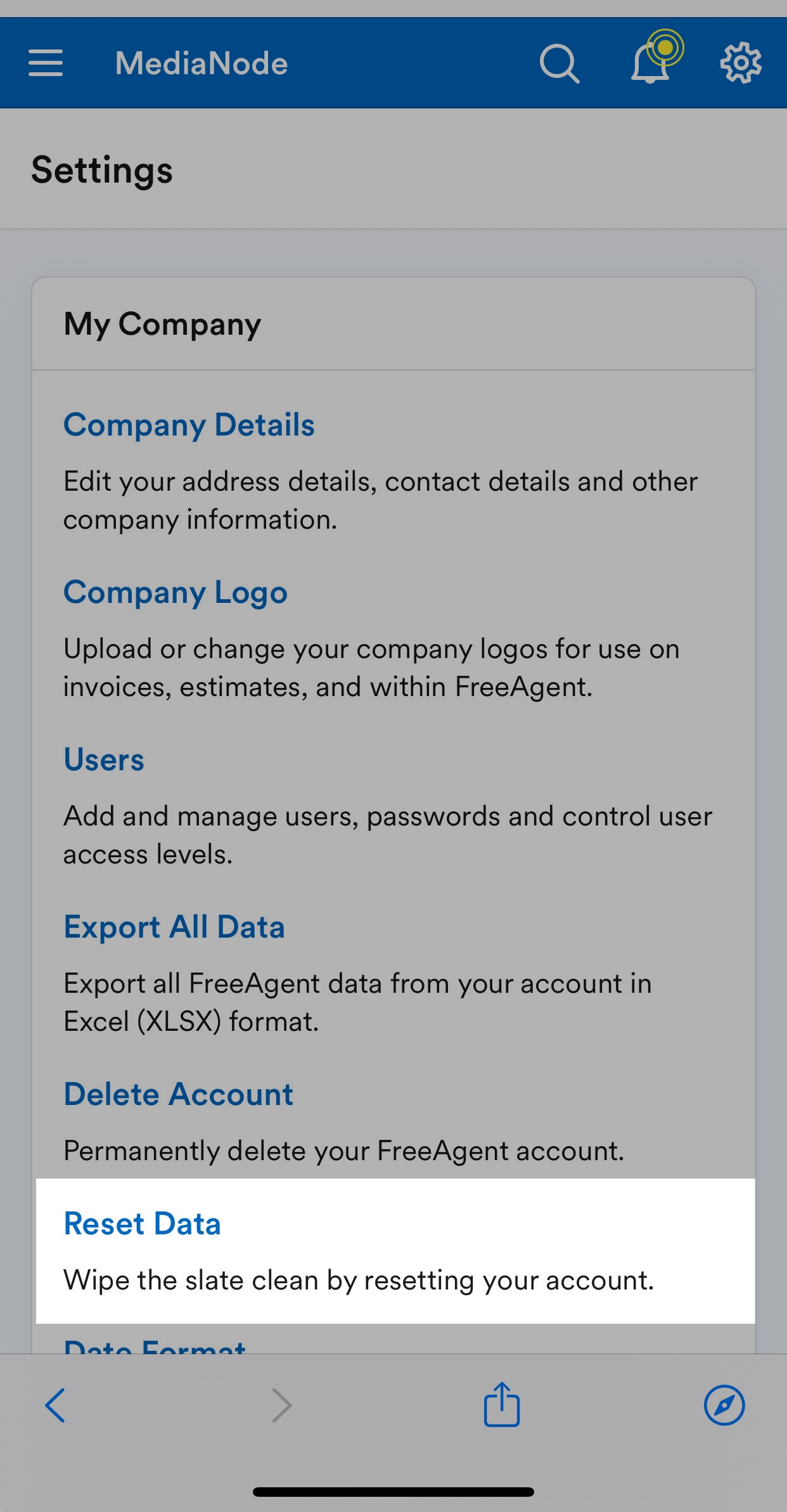 Settings area with Reset Data highlighted