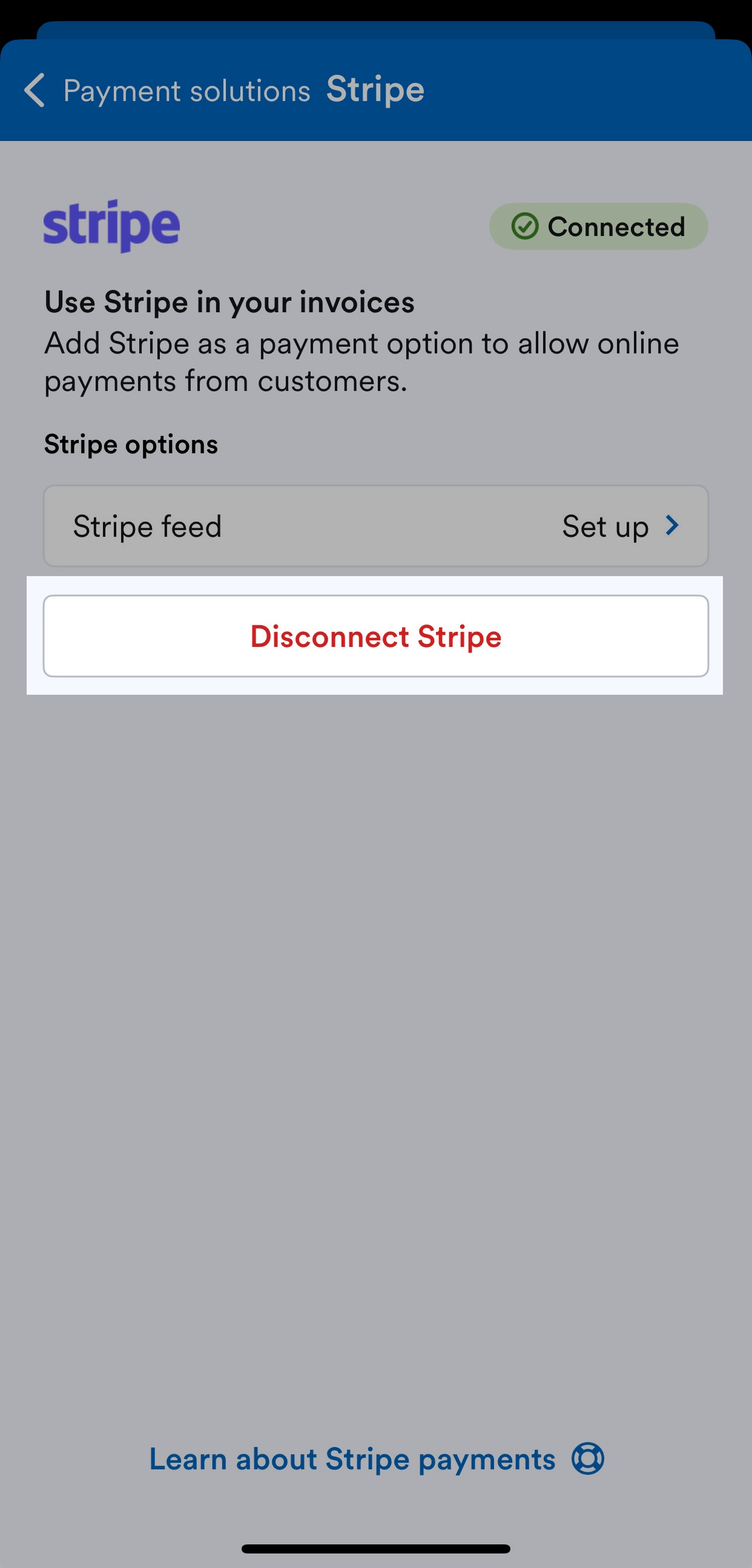 Stripe screen with disconnect highlighted