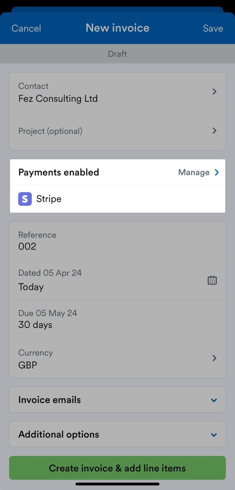 New invoice screen with Stripe enabled