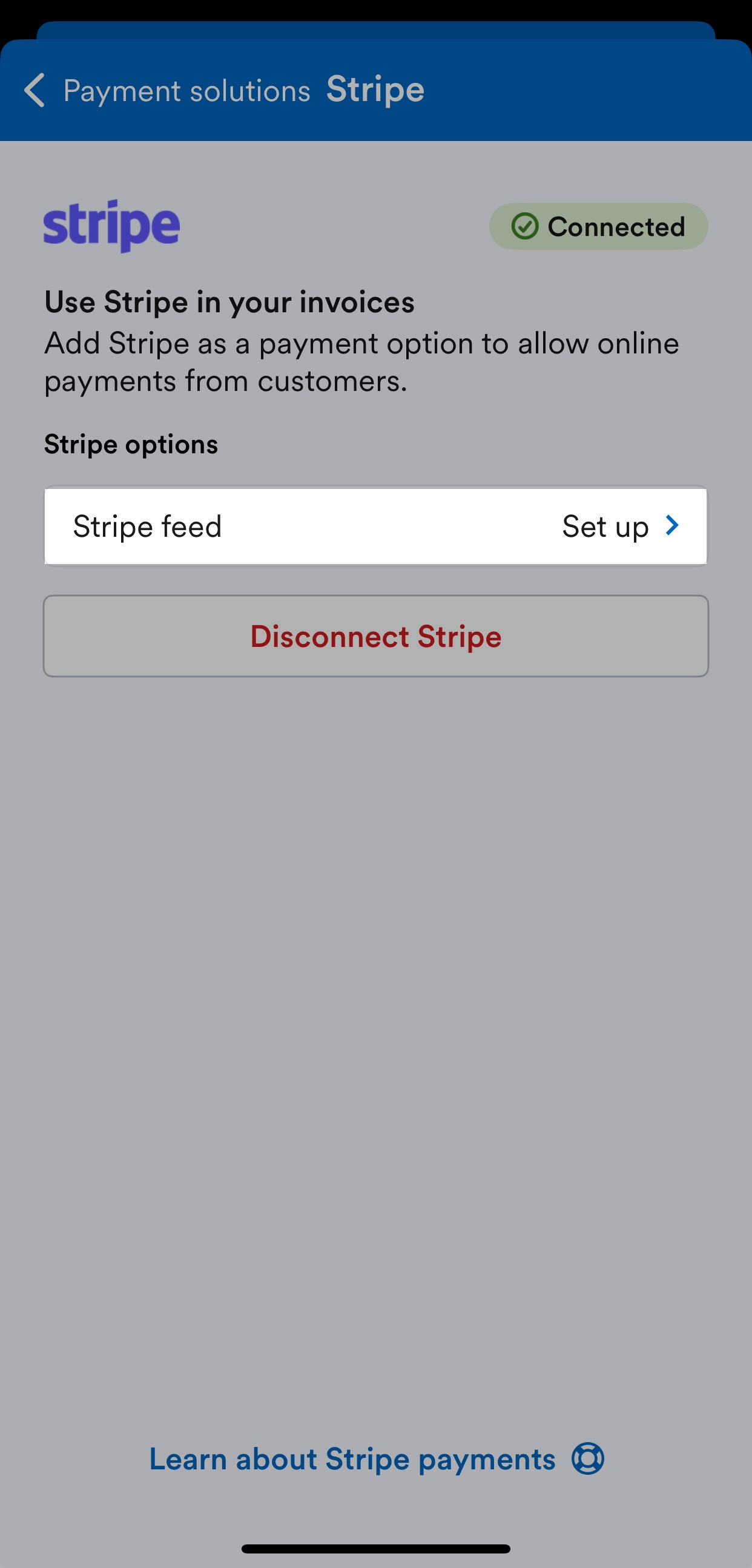 Stripe screen with set up highlighted for the feed